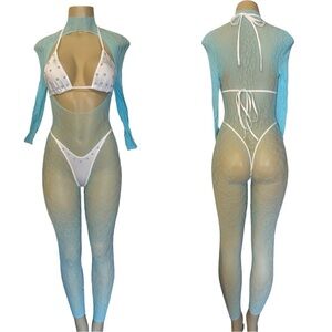 Chic Sheer Blue and White Bodysuit & bikini stripper Set